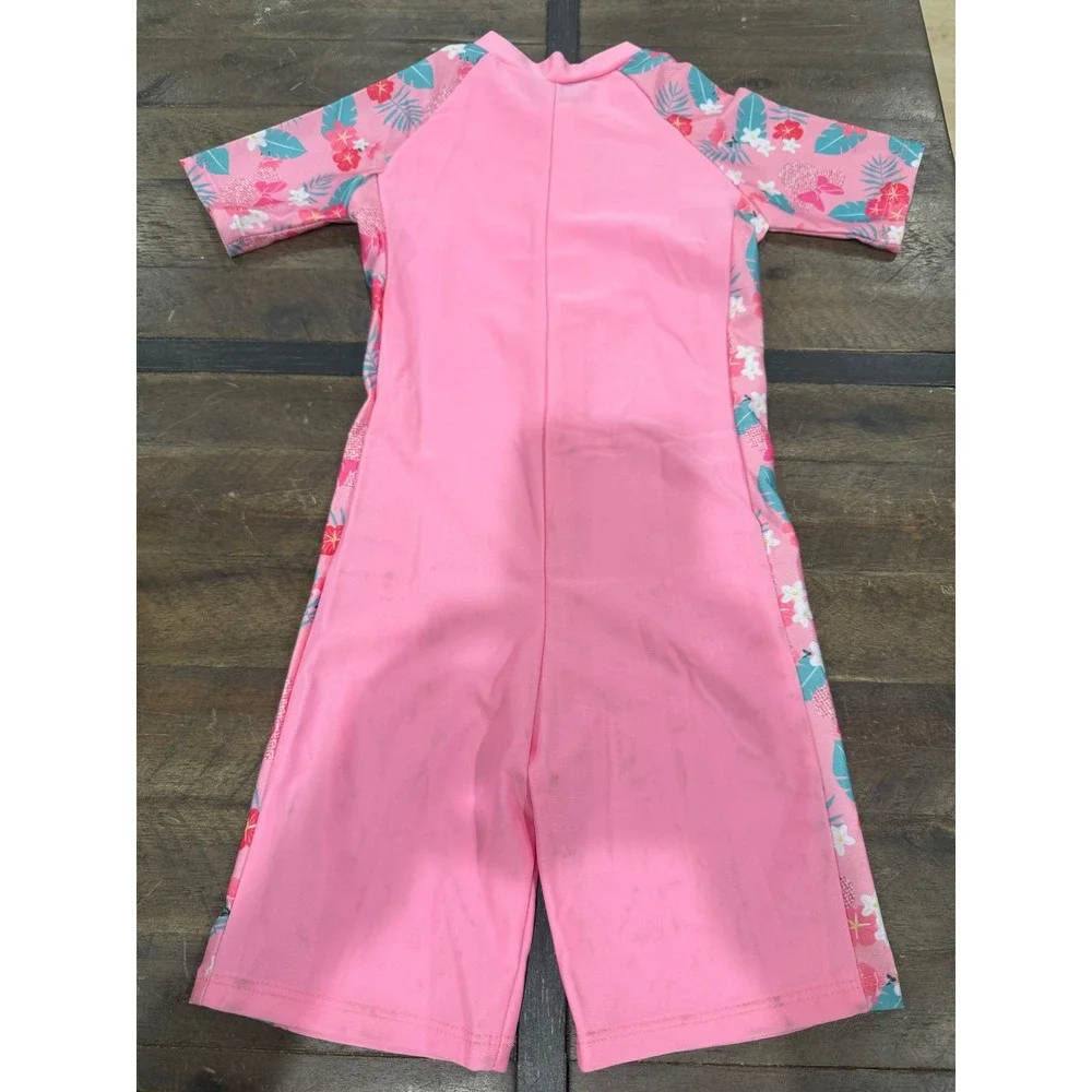 Girls Pink Floral One Piece Rash Guard Swimsuit Short Sleeve Sunsuit Size L